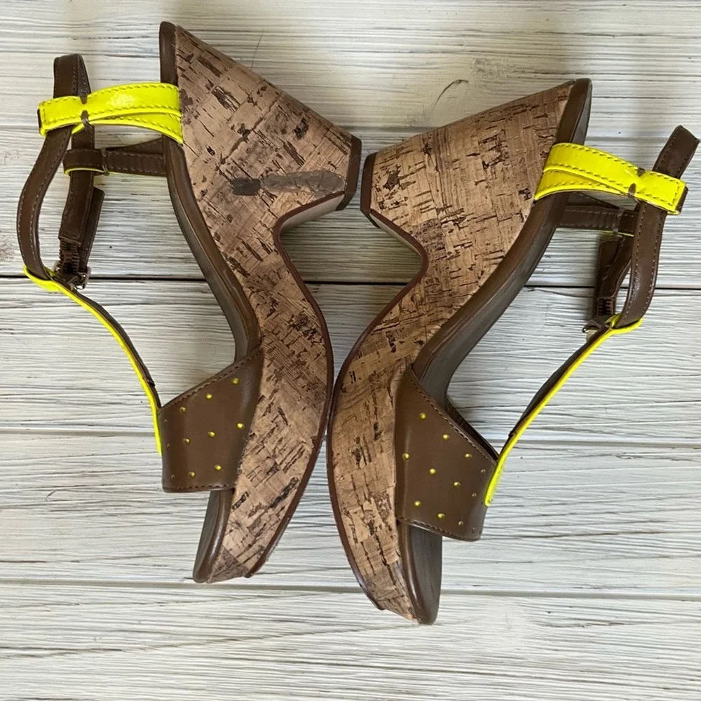 Sbicca California Neon Yellow Cork Wedge Heels 6